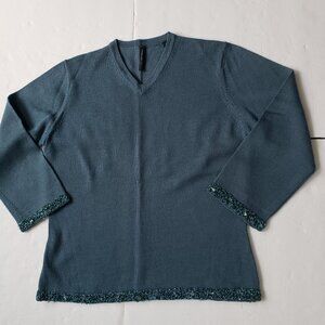 Isda & Co Wool Beaded V-Neck 3/4 Sleeves Blue Pullover Sweater